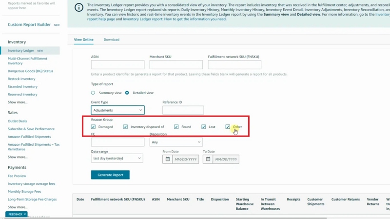 Inventory Ledger adjustments report filters