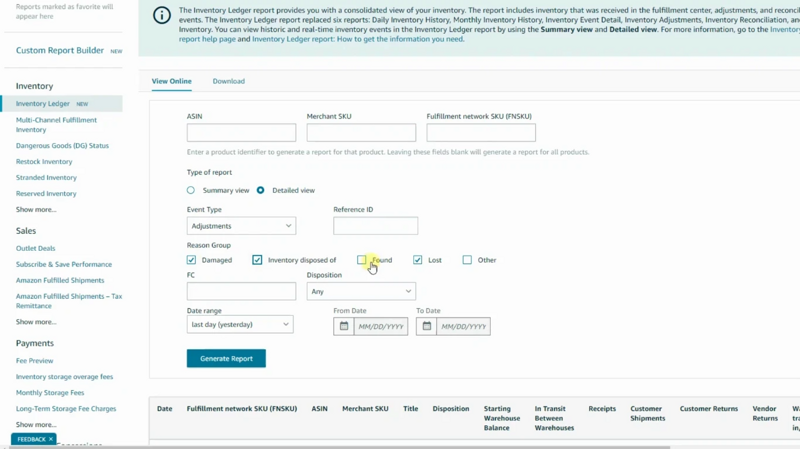 Inventory Ledger adjustments filter options