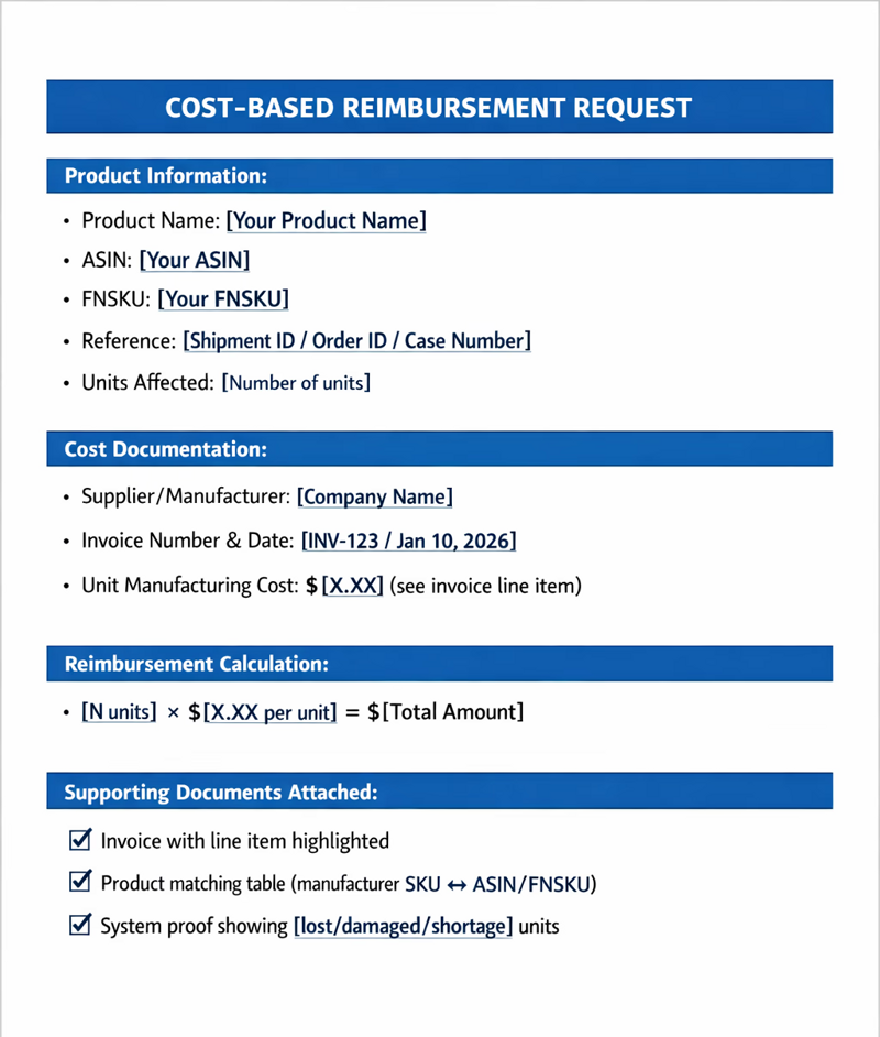 Amazon reimbursement cost breakdown template