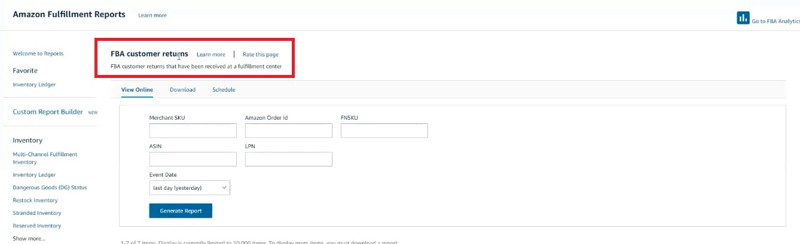 FBA customer returns report page