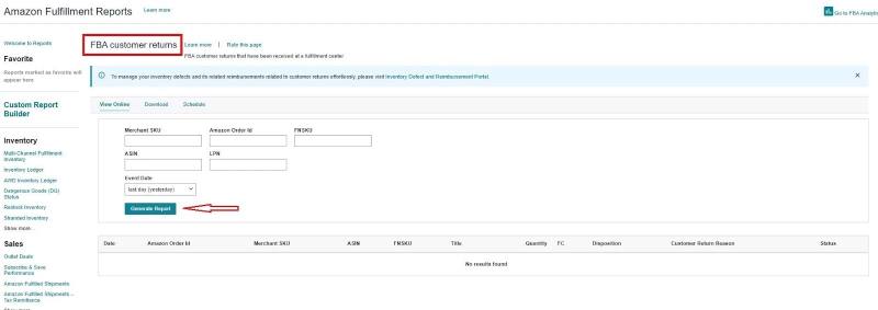 FBA customer returns report in Seller Central
