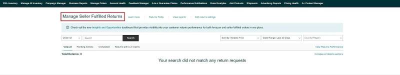 Seller fulfilled returns page in Seller Central