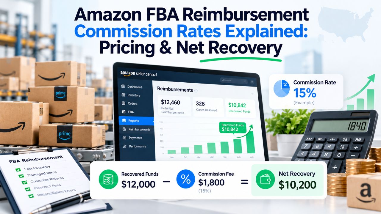 Amazon FBA reimbursement commission rates explained: $12,000 recovered minus a 15% fee leaves $10,200 net recovery
