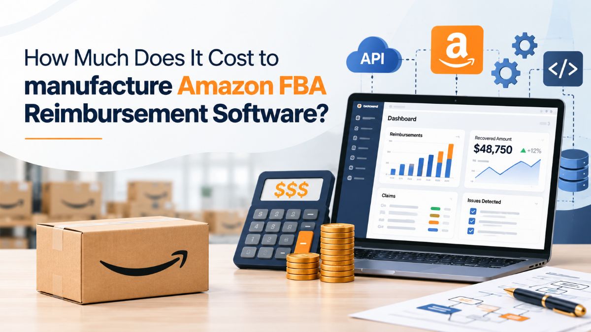 Cost to build Amazon FBA reimbursement software: calculator, coins and an Amazon reimbursement dashboard