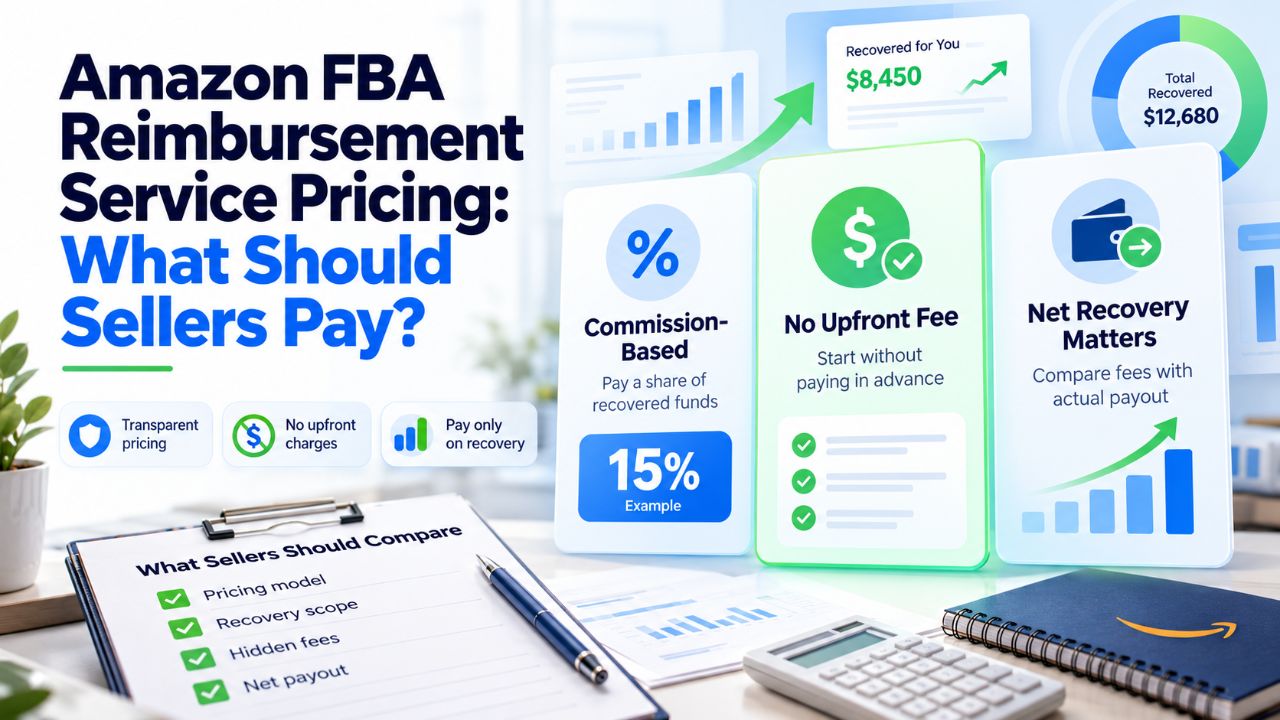 Amazon FBA reimbursement service pricing: commission-based fees, no upfront charges and net recovery compared
