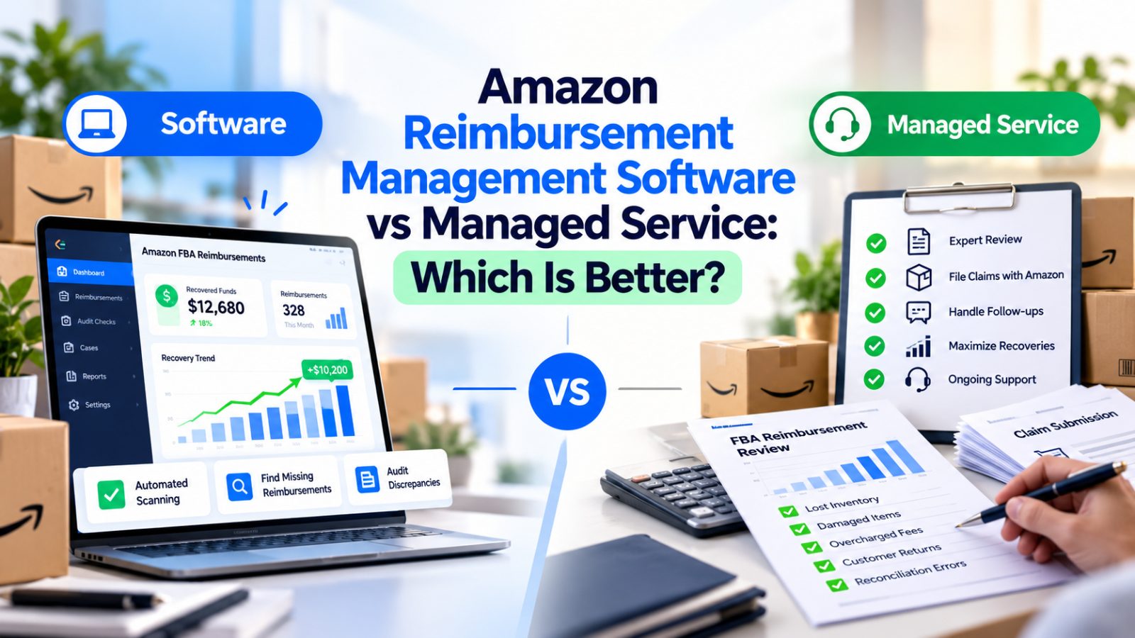 Amazon reimbursement management software vs managed service: automated scanning dashboard compared with expert claim filing and follow-up