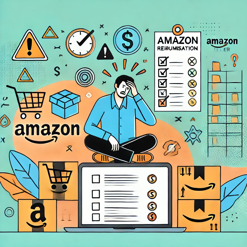 Frustrated Amazon seller reimbursement issues illustration