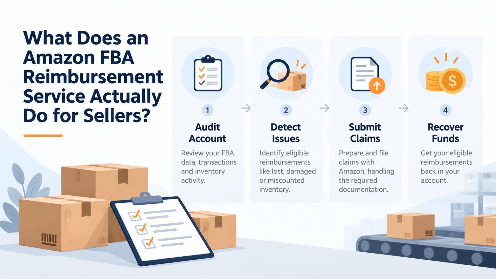 What an Amazon FBA reimbursement service does: audit account, detect issues, submit claims, recover funds